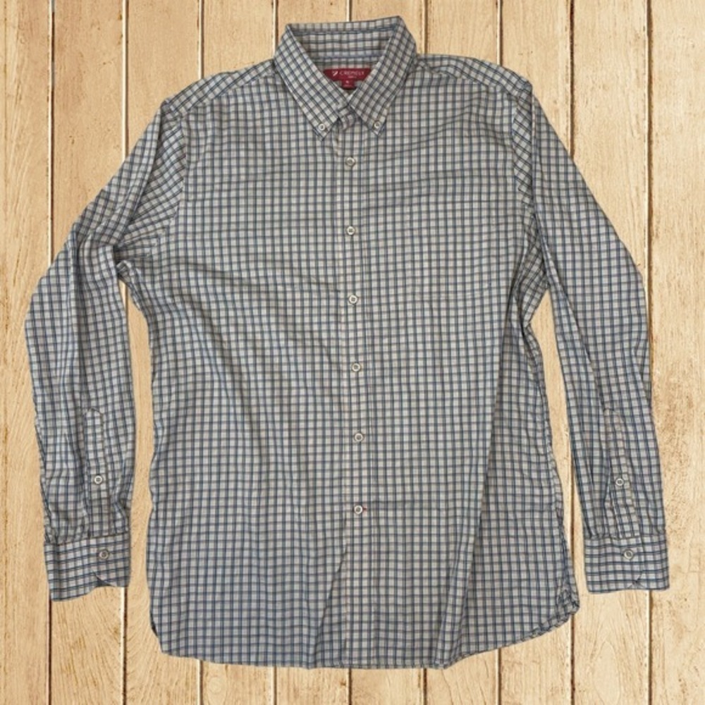 Cremieux‎ Slim Fit Mens XL Plaid Button Down Shirt Tan Blue Long Sleeve Stretch
